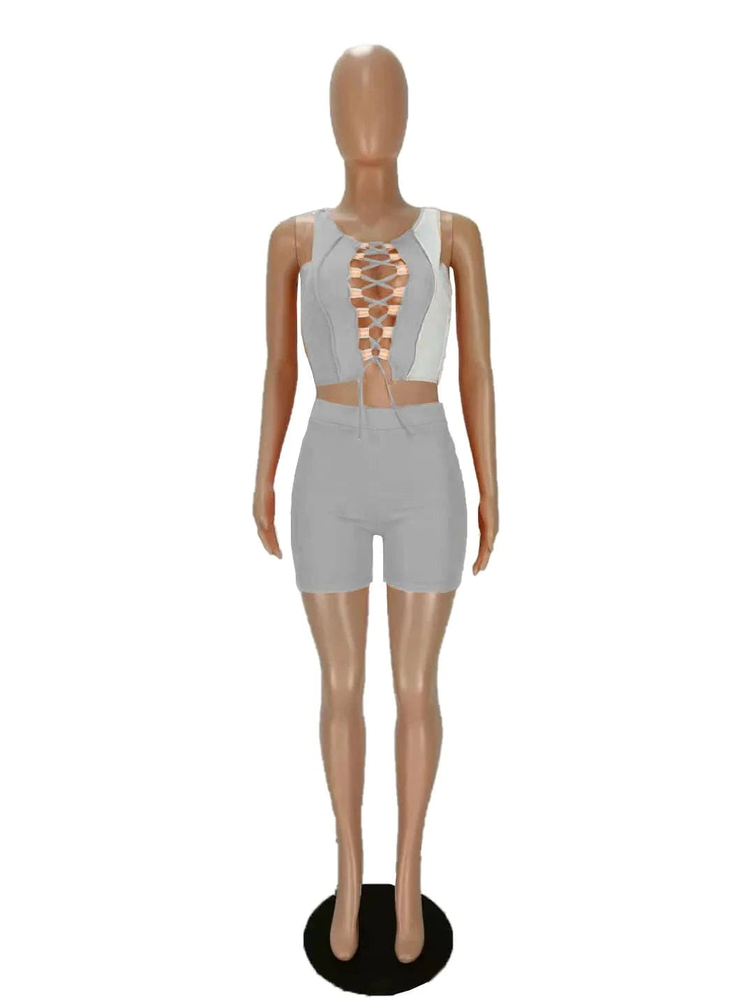 Summer Outfits Patchwork Two Piece Set Bandage Crop Top Biker Shorts Women Sexy Night Clubwear 2 Piece Shorts Set