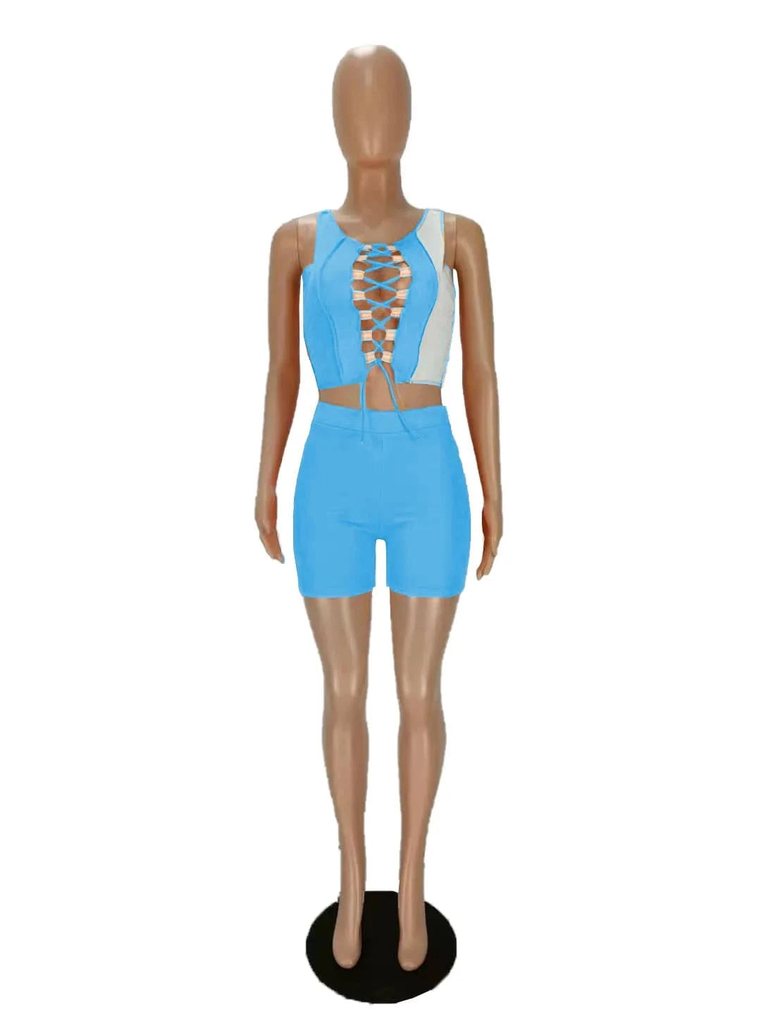 Summer Outfits Patchwork Two Piece Set Bandage Crop Top Biker Shorts Women Sexy Night Clubwear 2 Piece Shorts Set