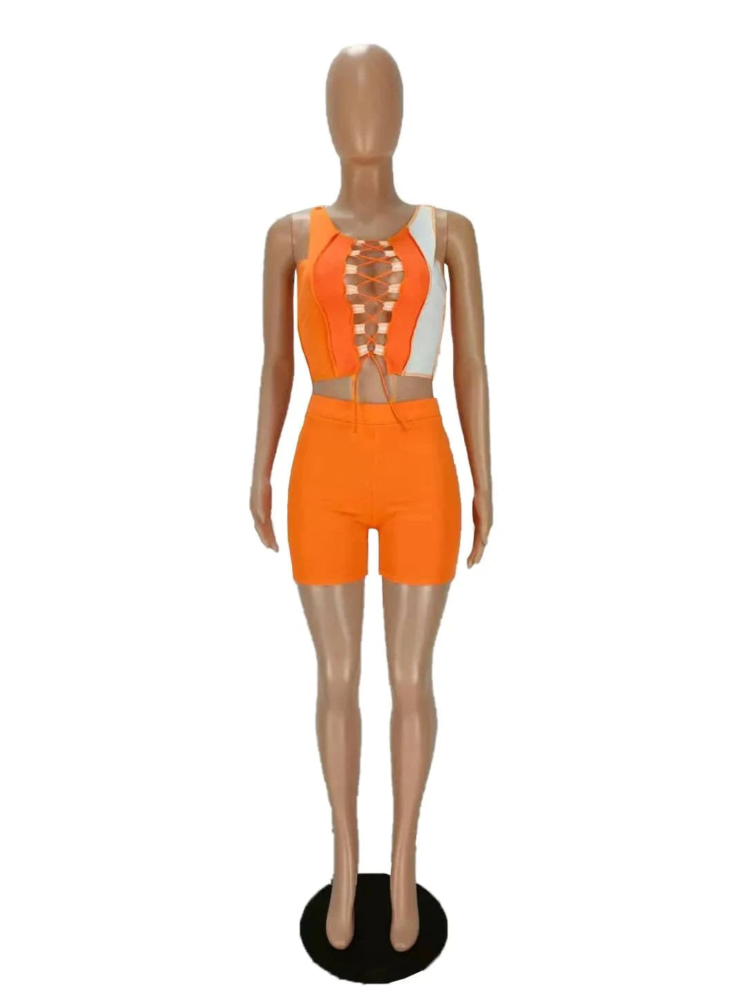 Summer Outfits Patchwork Two Piece Set Bandage Crop Top Biker Shorts Women Sexy Night Clubwear 2 Piece Shorts Set