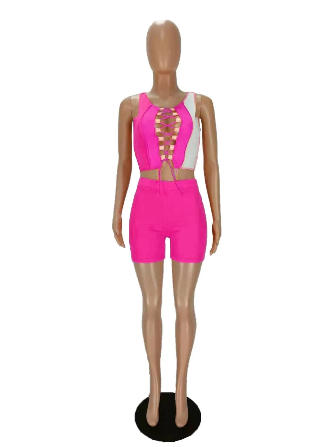 Summer Outfits Patchwork Two Piece Set Bandage Crop Top Biker Shorts Women Sexy Night Clubwear 2 Piece Shorts Set