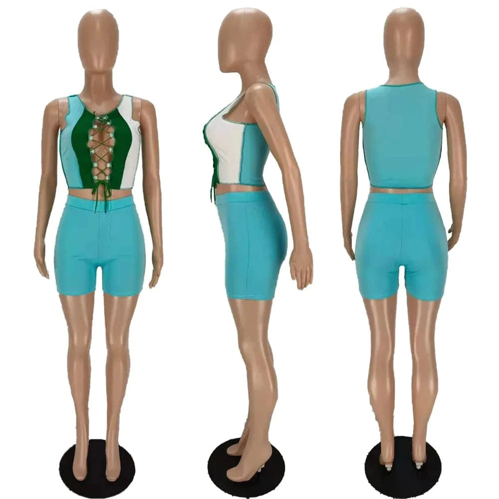 Summer Outfits Patchwork Two Piece Set Bandage Crop Top Biker Shorts Women Sexy Night Clubwear 2 Piece Shorts Set