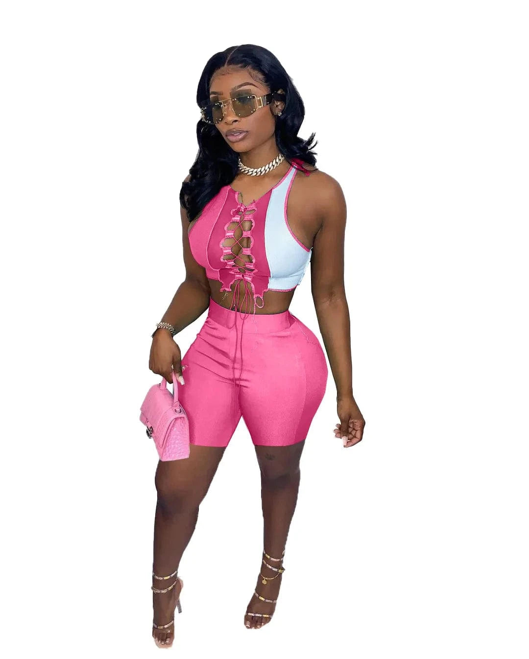 Summer Outfits Patchwork Two Piece Set Bandage Crop Top Biker Shorts Women Sexy Night Clubwear 2 Piece Shorts Set