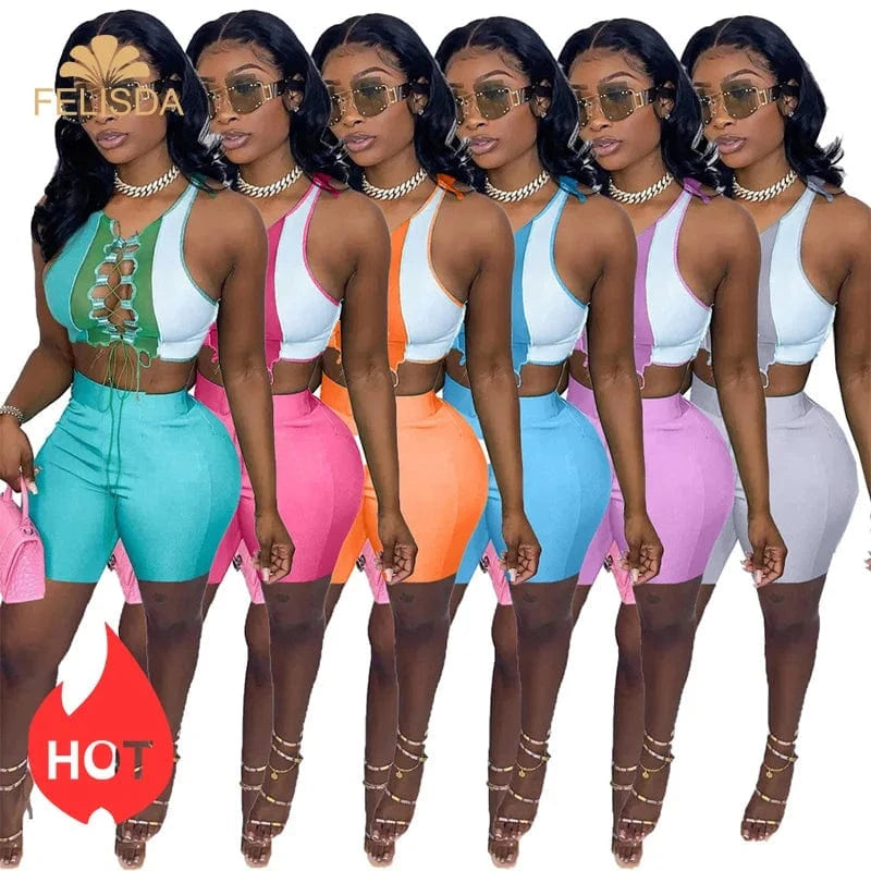 Summer Outfits Patchwork Two Piece Set Bandage Crop Top Biker Shorts Women Sexy Night Clubwear 2 Piece Shorts Set