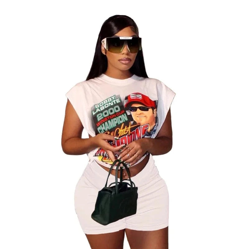 Summer Print Short Sleeve Graphic T Shirts Crop Top Tee Biker Shorts Sets Women Streetwear Funny Women Two Piece Short Set