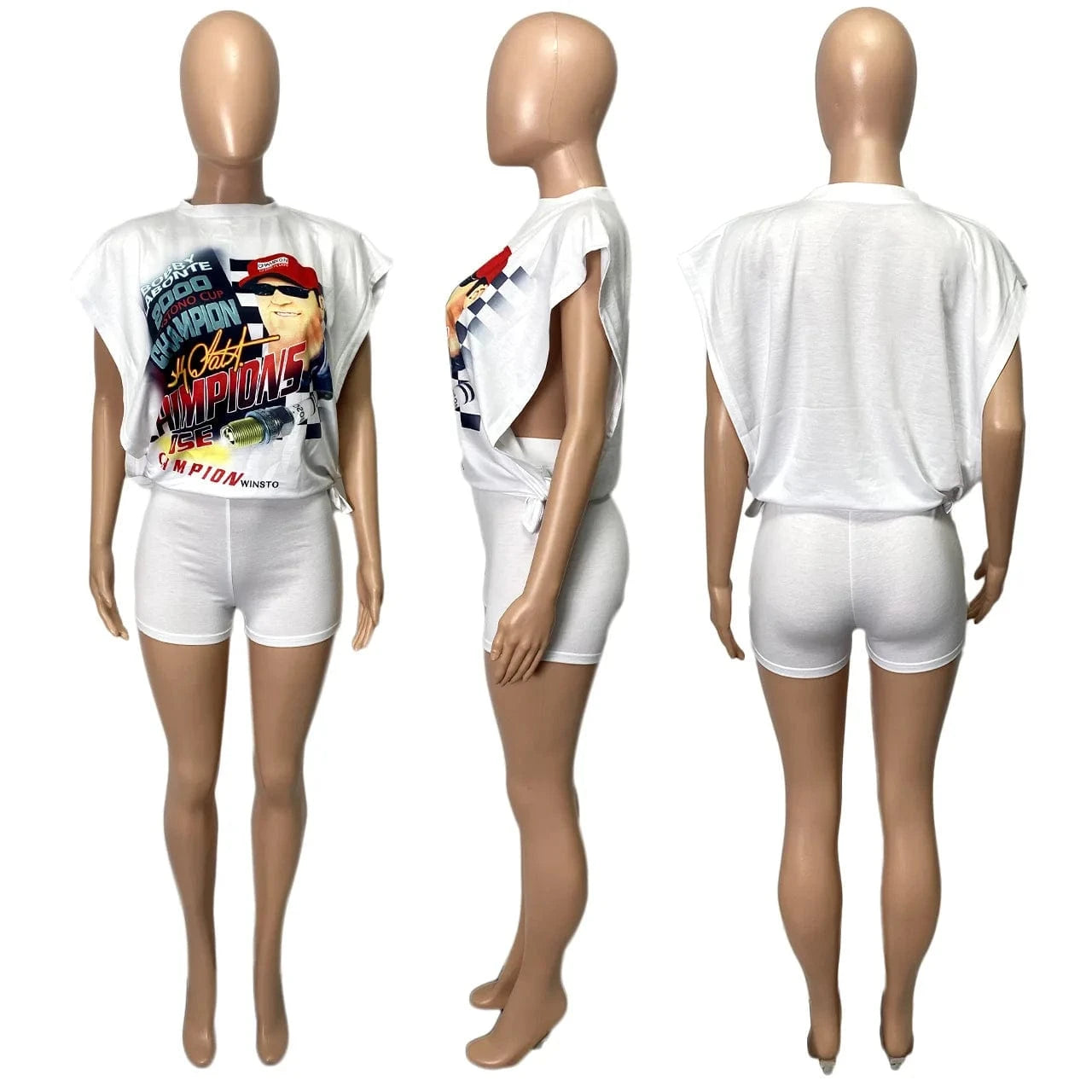 Summer Print Short Sleeve Graphic T Shirts Crop Top Tee Biker Shorts Sets Women Streetwear Funny Women Two Piece Short Set