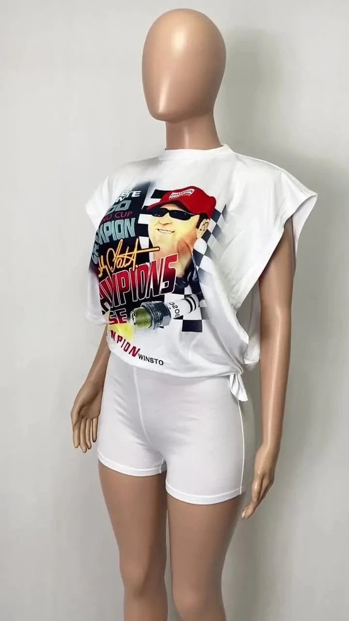 Summer Print Short Sleeve Graphic T Shirts Crop Top Tee Biker Shorts Sets Women Streetwear Funny Women Two Piece Short Set