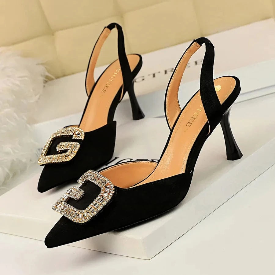 Summer Sandals Women Comfortable Metal Rhinestone Buckle Shoes Suede Pointed-toe Hollow Out High Heels Sandals For Ladies Dating