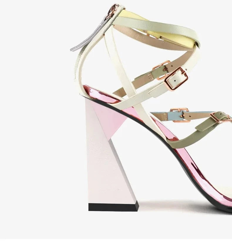 Summer Sandals Women Elegant Color Patchwork Square-toe Mujer Shoes Cross Strap Zippers High Heel Sandals Ladies Party Sandalias