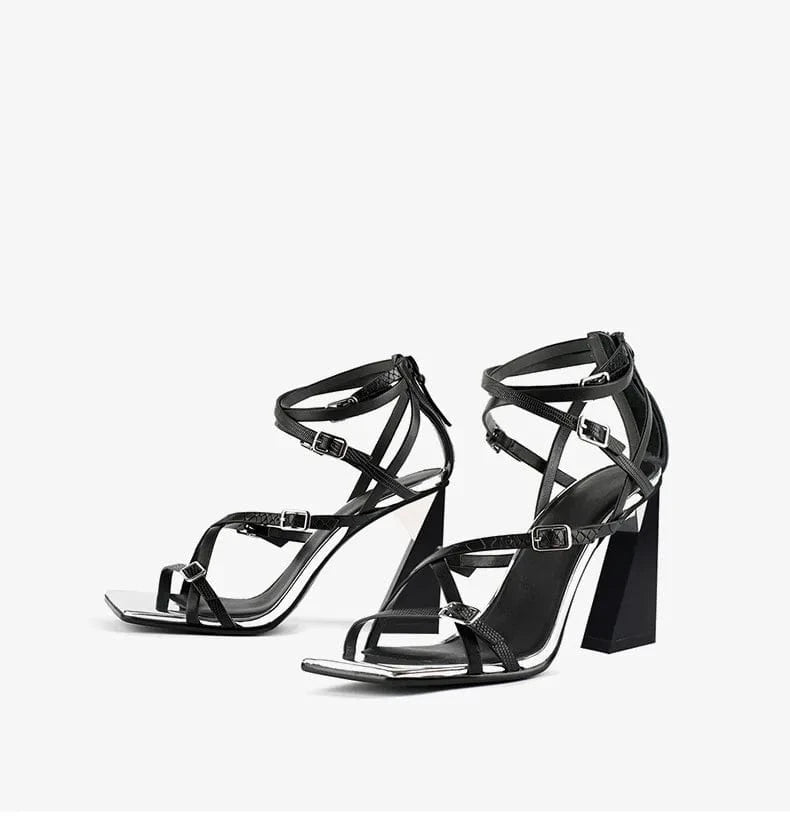 Summer Sandals Women Elegant Color Patchwork Square-toe Mujer Shoes Cross Strap Zippers High Heel Sandals Ladies Party Sandalias