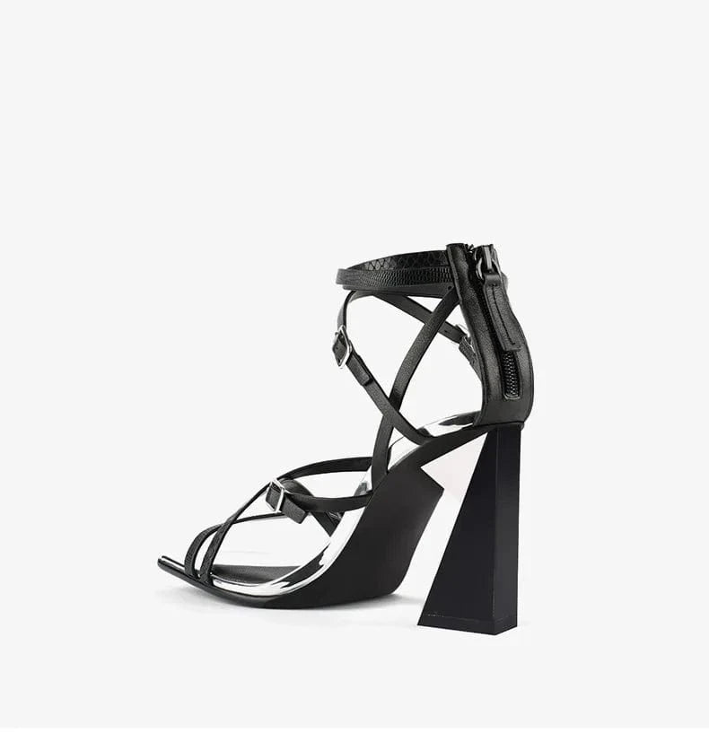 Summer Sandals Women Elegant Color Patchwork Square-toe Mujer Shoes Cross Strap Zippers High Heel Sandals Ladies Party Sandalias