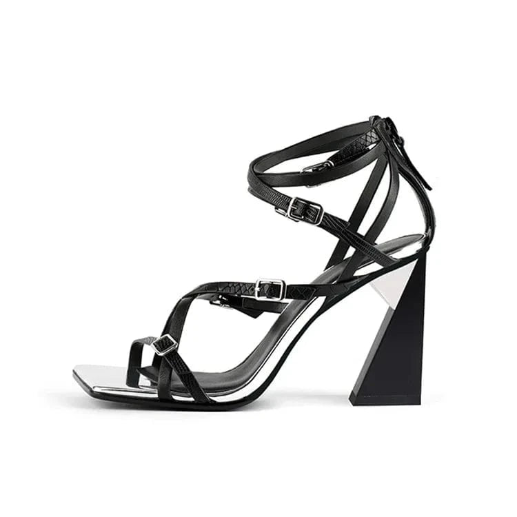 Summer Sandals Women Elegant Color Patchwork Square-toe Mujer Shoes Cross Strap Zippers High Heel Sandals Ladies Party Sandalias