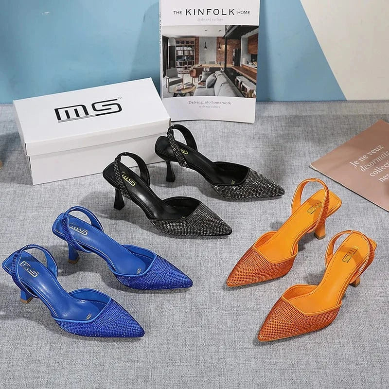 Summer Sandals Women Fashion Rhinestone Decor Pointed-toe Shoes Wrap-toe Slingback Thin Heels Sandals Ladies Party Dating Sandal