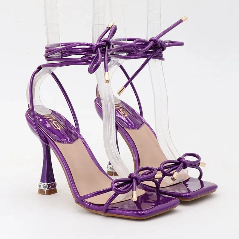 Summer Sandals Women Hot Sale Bowknot Square-toe Roman Mujer Shoes Cross Strap Lace Up High Heel Sandals Ladies Travelling Shoes