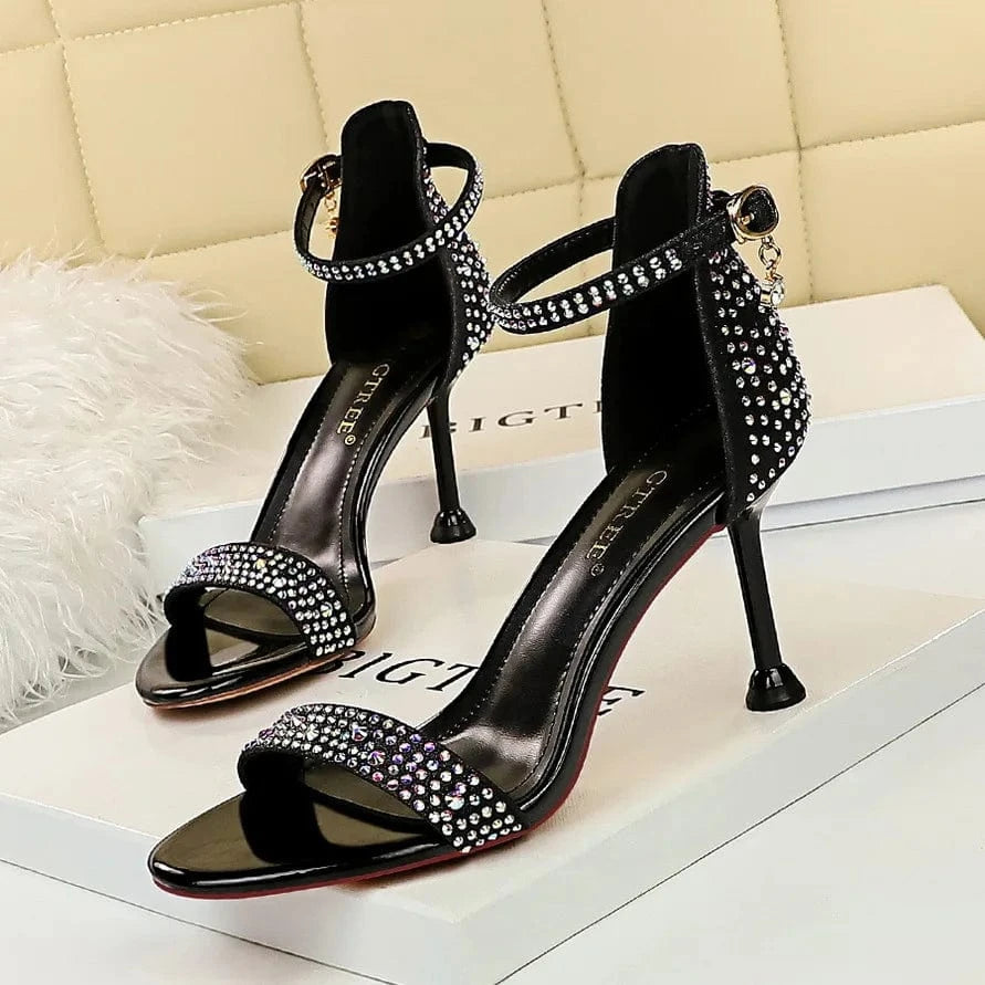 Summer Sandals Women Luxury Bling Rhinestone Decor Shoes Open-toe T-strap Thin Heels Sandals For Ladies Banquet Travelling Shoes