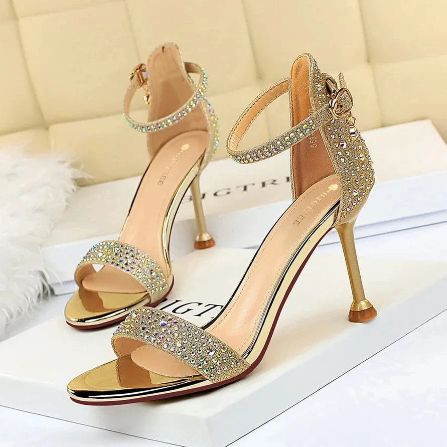 Summer Sandals Women Luxury Bling Rhinestone Decor Shoes Open-toe T-strap Thin Heels Sandals For Ladies Banquet Travelling Shoes