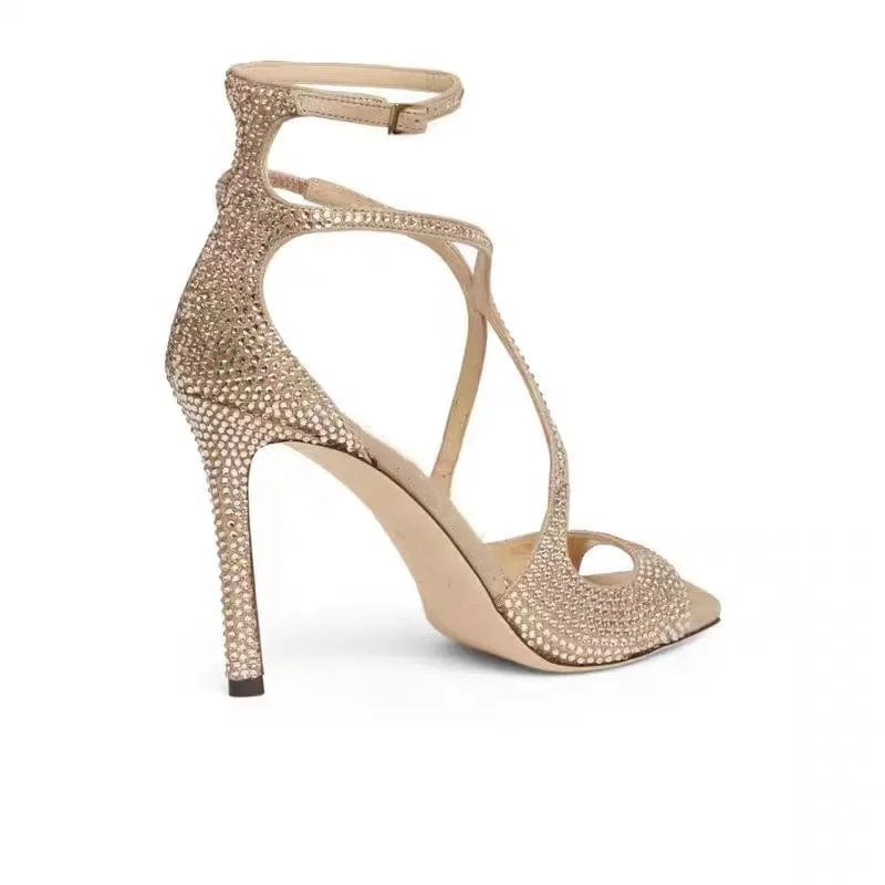Summer Sandals Women Sexy Rhinestone Decor Mujer Zapatos Ankle Strap Large Size High Heel Sandals For Ladies Nightclub Sandalias