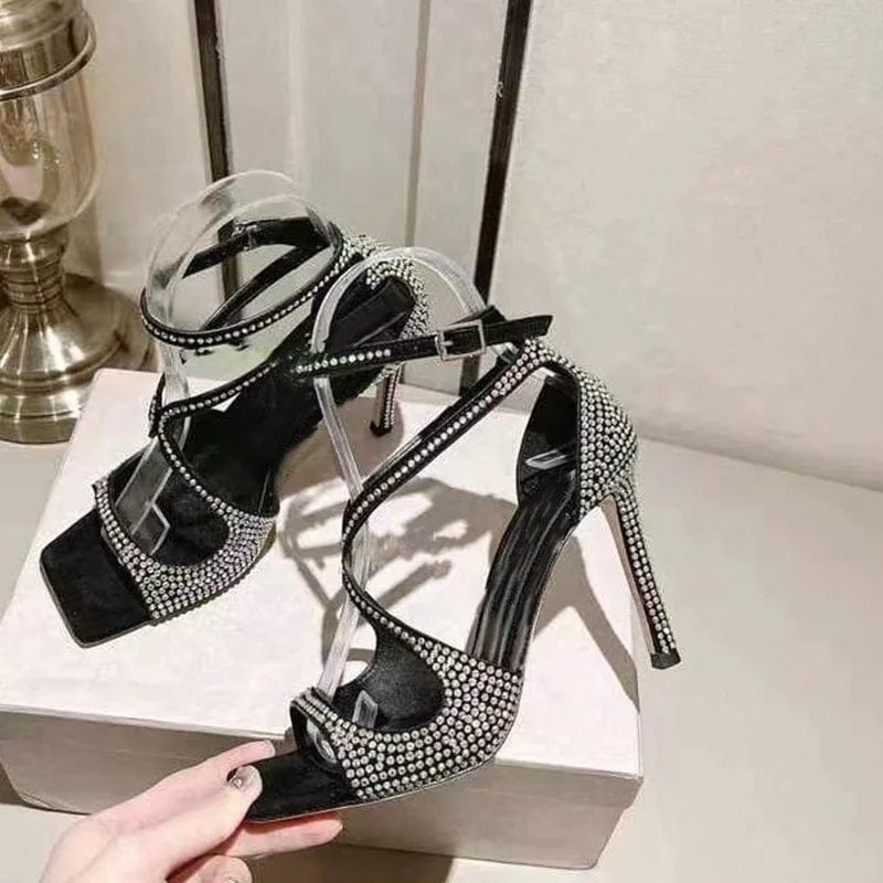 Summer Sandals Women Sexy Rhinestone Decor Mujer Zapatos Ankle Strap Large Size High Heel Sandals For Ladies Nightclub Sandalias