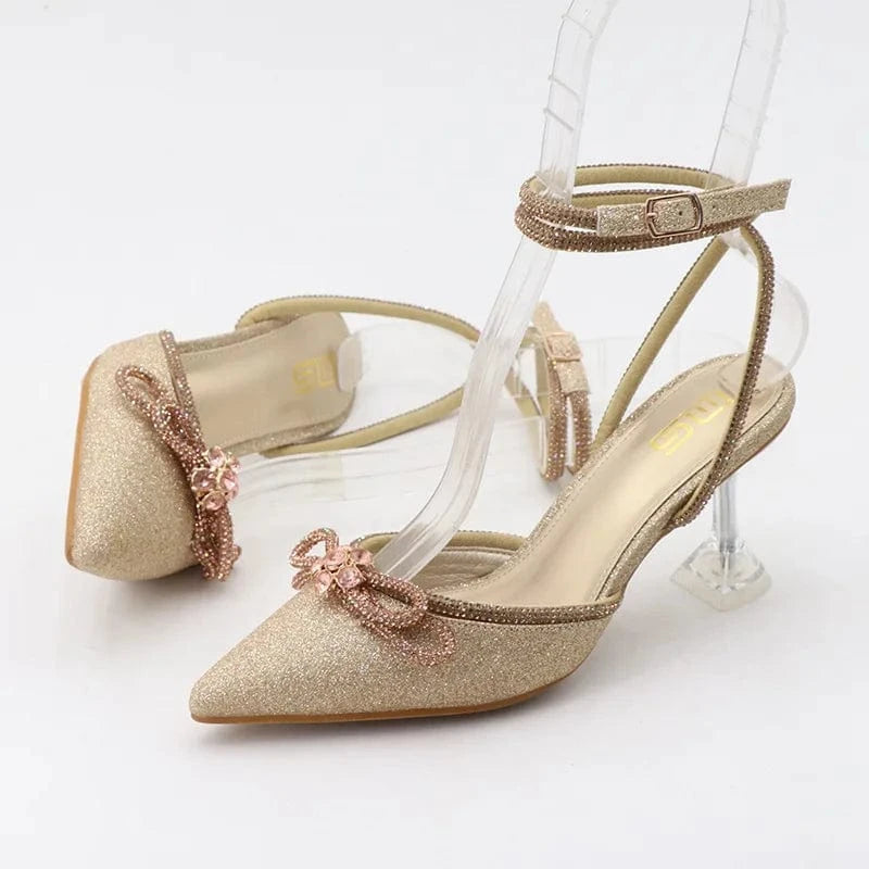 Summer Sandals Women Top Sell Rhinestone Bowknot Sequined Decor Shoes Wrap-toe Lace Up Thin Heels Sandals For Ladies Dating Shoe