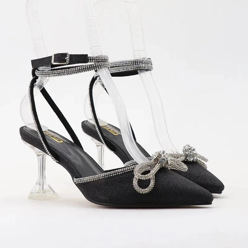 Summer Sandals Women Top Sell Rhinestone Bowknot Sequined Decor Shoes Wrap-toe Lace Up Thin Heels Sandals For Ladies Dating Shoe