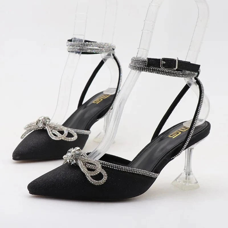 Summer Sandals Women Top Sell Rhinestone Bowknot Sequined Decor Shoes Wrap-toe Lace Up Thin Heels Sandals For Ladies Dating Shoe