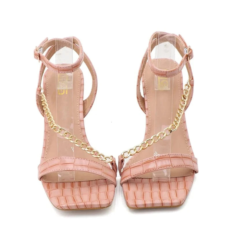 Summer Sandals Women Versatile Metal Chain Decor Open-toe Shoes Side Hollow Out Ankle Strap High Heel Sandals Ladies Dating Shoe