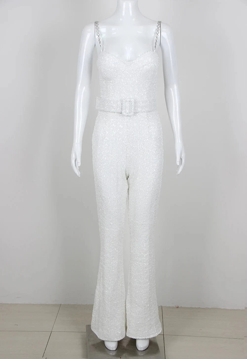 Summer Sexy Elegant White Bodysuit Sequin Rompers Women's Jumpsuits With Belts