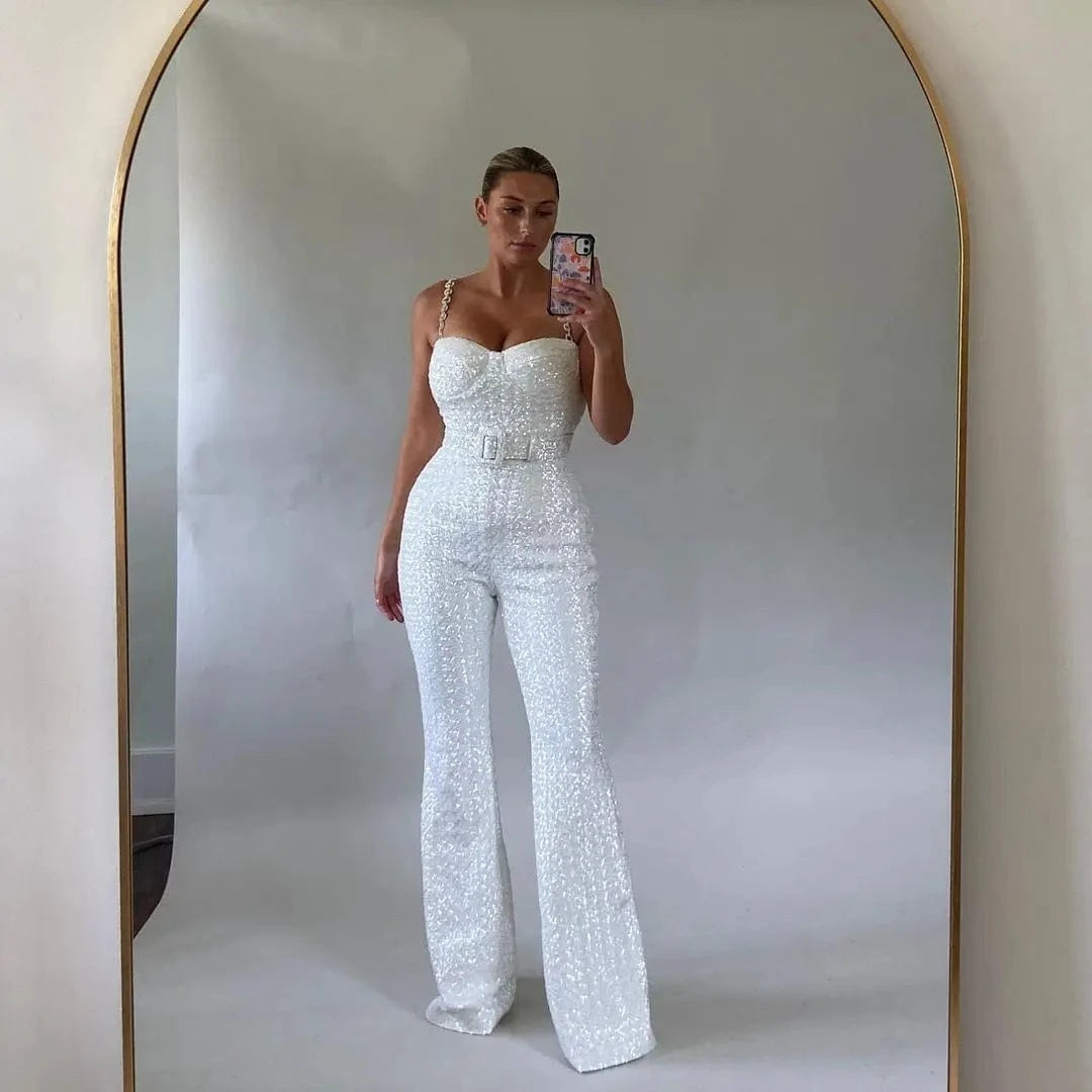 Summer Sexy Elegant White Bodysuit Sequin Rompers Women's Jumpsuits With Belts