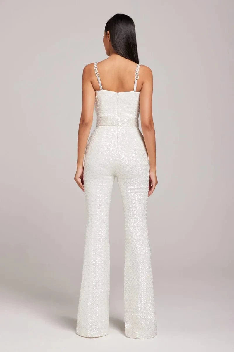 Summer Sexy Elegant White Bodysuit Sequin Rompers Women's Jumpsuits With Belts