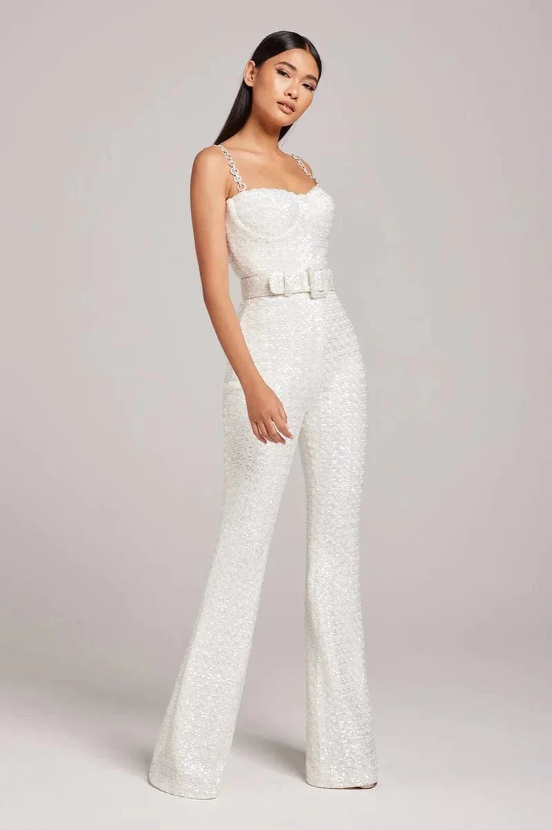 Summer Sexy Elegant White Bodysuit Sequin Rompers Women's Jumpsuits With Belts