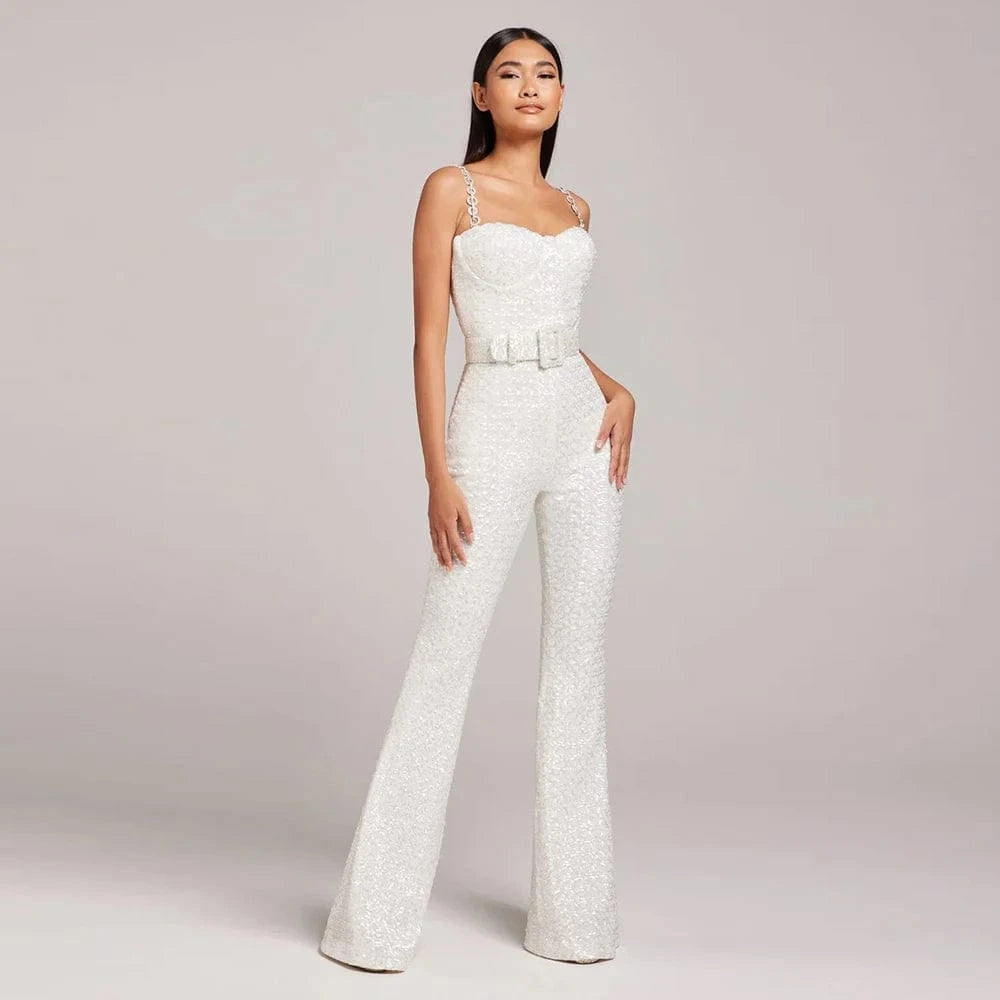 Summer Sexy Elegant White Bodysuit Sequin Rompers Women's Jumpsuits With Belts