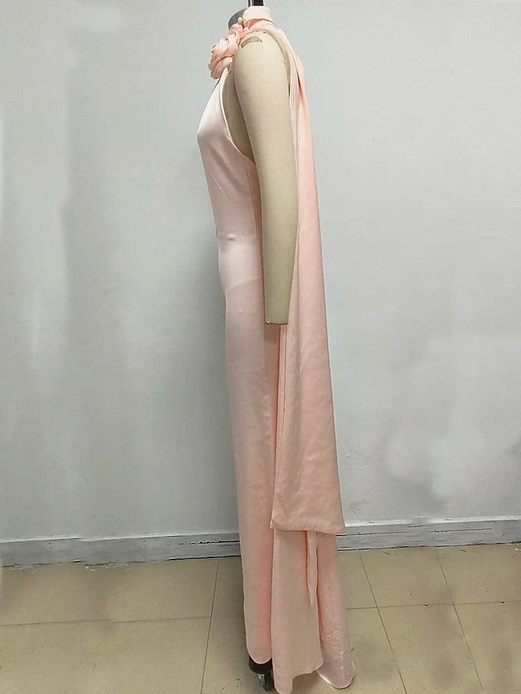 Summer Sexy Women's Red Flower Halter Off Shoulder Satin Backless Fashion Evening Long Dress Light luxury Wedding Party Dress