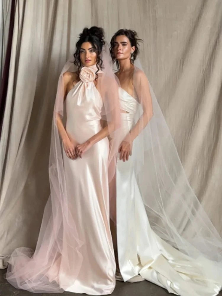 Summer Sexy Women's Red Flower Halter Off Shoulder Satin Backless Fashion Evening Long Dress Light luxury Wedding Party Dress