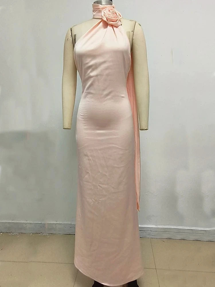 Summer Sexy Women's Red Flower Halter Off Shoulder Satin Backless Fashion Evening Long Dress Light luxury Wedding Party Dress