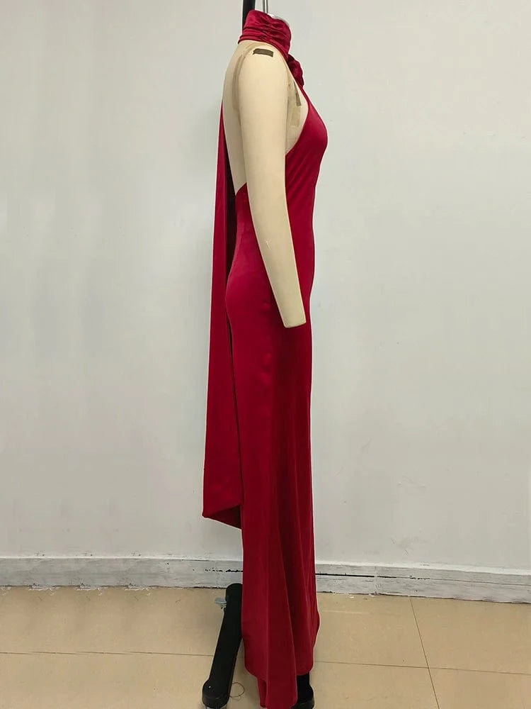 Summer Sexy Women's Red Flower Halter Off Shoulder Satin Backless Fashion Evening Long Dress Light luxury Wedding Party Dress