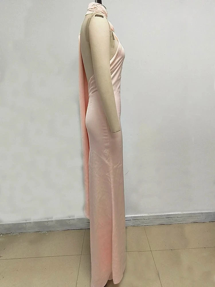 Summer Sexy Women's Red Flower Halter Off Shoulder Satin Backless Fashion Evening Long Dress Light luxury Wedding Party Dress