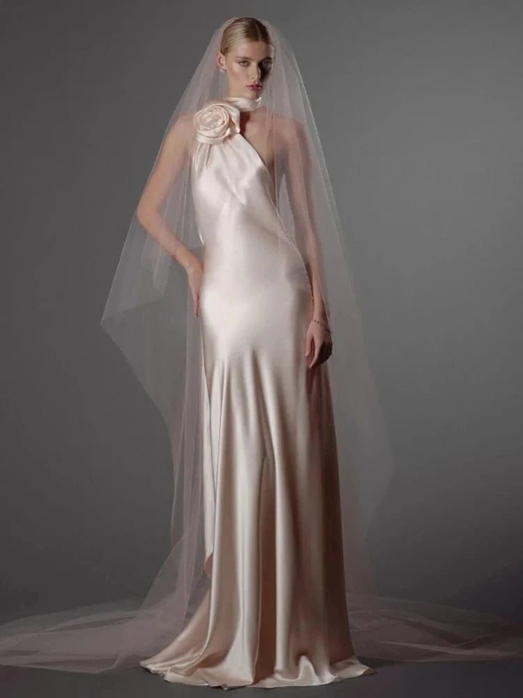 Summer Sexy Women's Red Flower Halter Off Shoulder Satin Backless Fashion Evening Long Dress Light luxury Wedding Party Dress