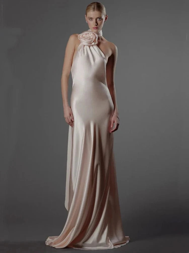 Summer Sexy Women's Red Flower Halter Off Shoulder Satin Backless Fashion Evening Long Dress Light luxury Wedding Party Dress