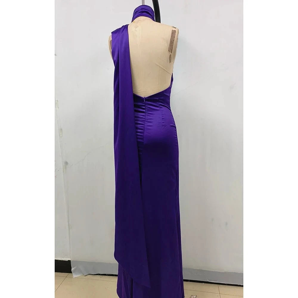 Summer Sexy Women's Red Flower Halter Off Shoulder Satin Backless Fashion Evening Long Dress Light luxury Wedding Party Dress