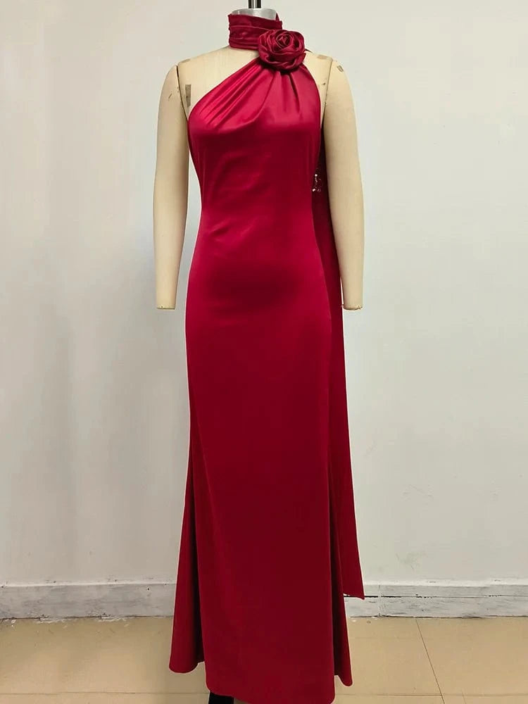 Summer Sexy Women's Red Flower Halter Off Shoulder Satin Backless Fashion Evening Long Dress Light luxury Wedding Party Dress