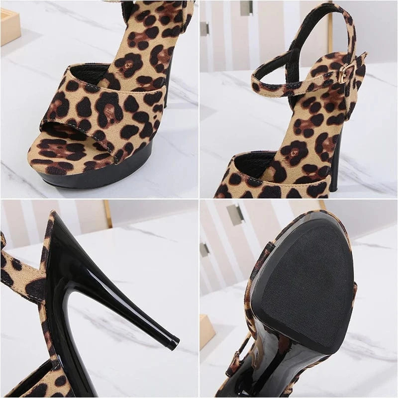 Summer Shoes Heels Stilettos 13 CM Strippers High Heels Suede Leopard Sandals for Women and Ladies