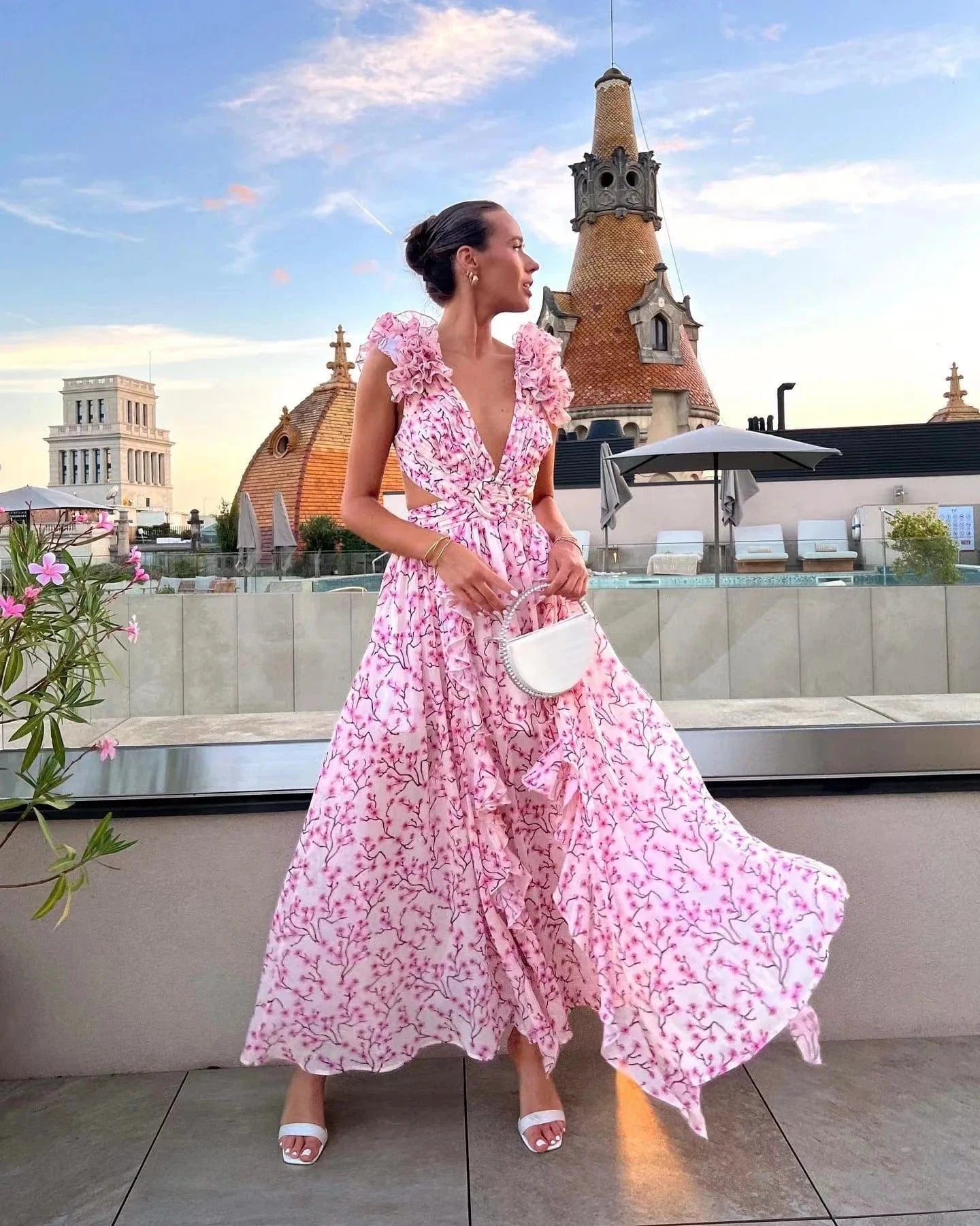 Summer Spring Women's Clothing Dress Hollow Out Slim Deep V Ruffle Edge Floral Backless Dress Loose Maxi