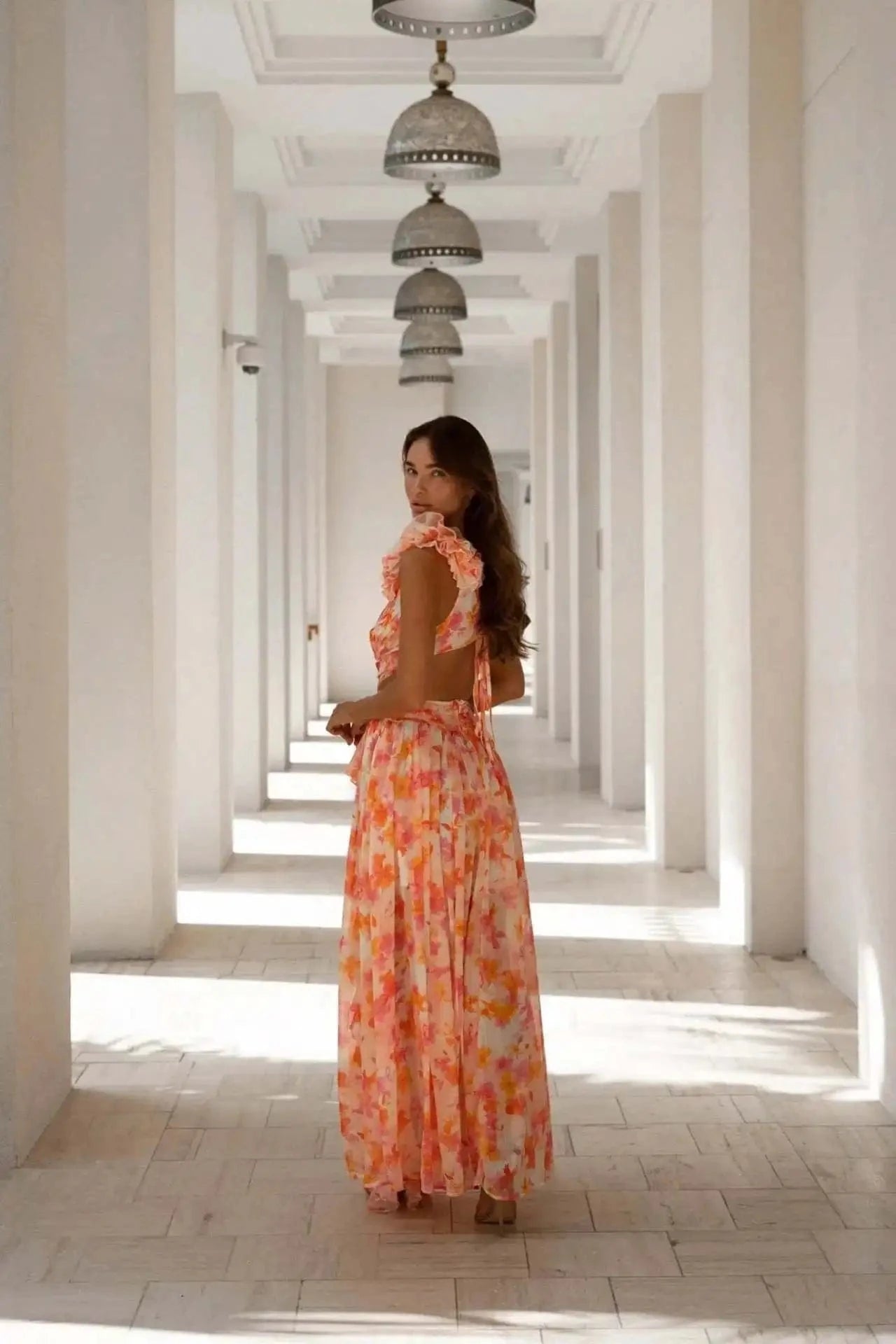 Summer Spring Women's Clothing Dress Hollow Out Slim Deep V Ruffle Edge Floral Backless Dress Loose Maxi
