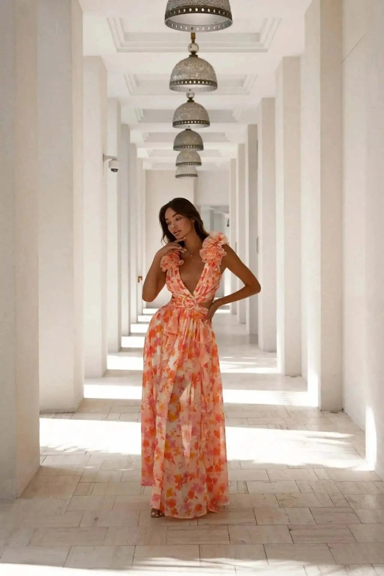 Summer Spring Women's Clothing Dress Hollow Out Slim Deep V Ruffle Edge Floral Backless Dress Loose Maxi