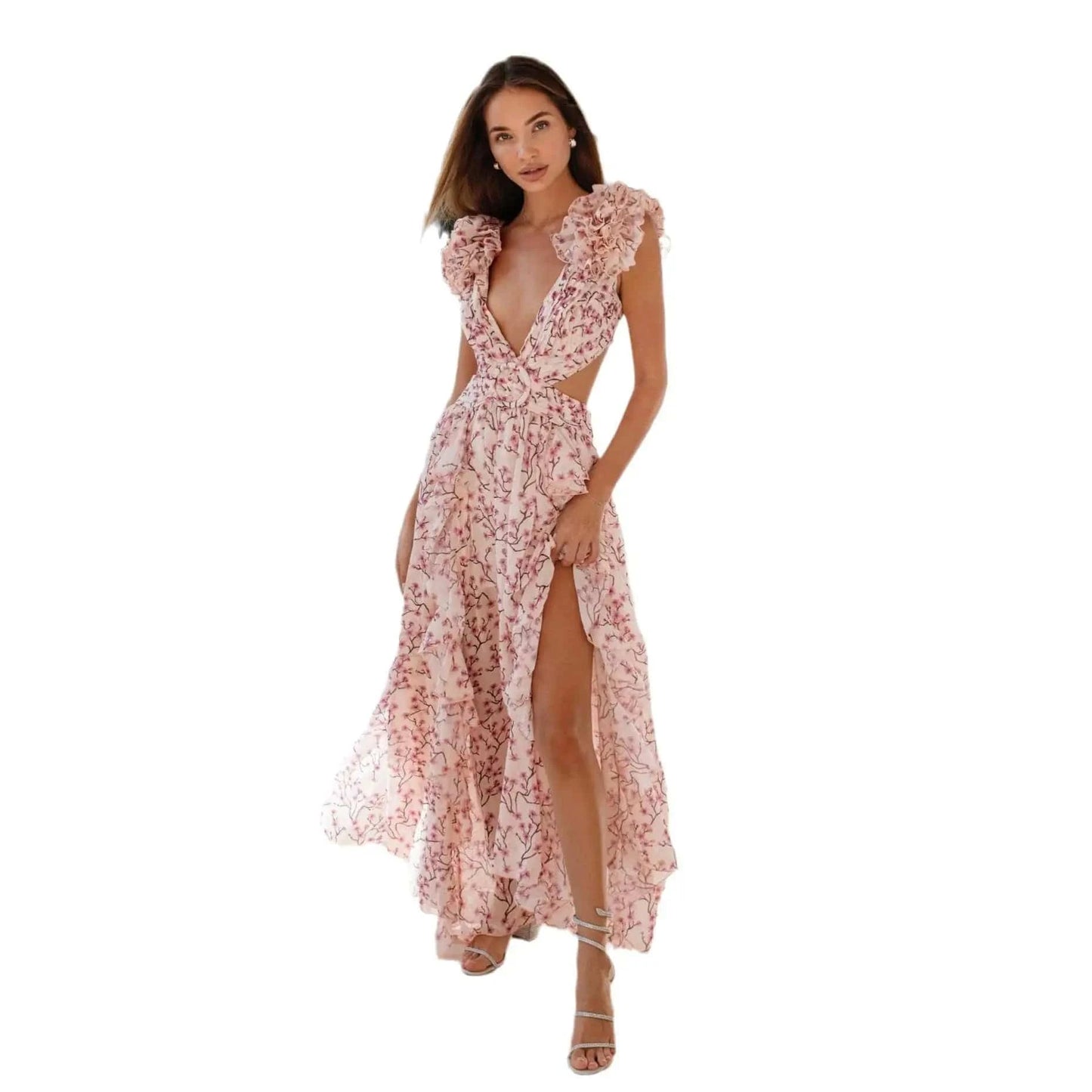 Summer Spring Women's Clothing Dress Hollow Out Slim Deep V Ruffle Edge Floral Backless Dress Loose Maxi