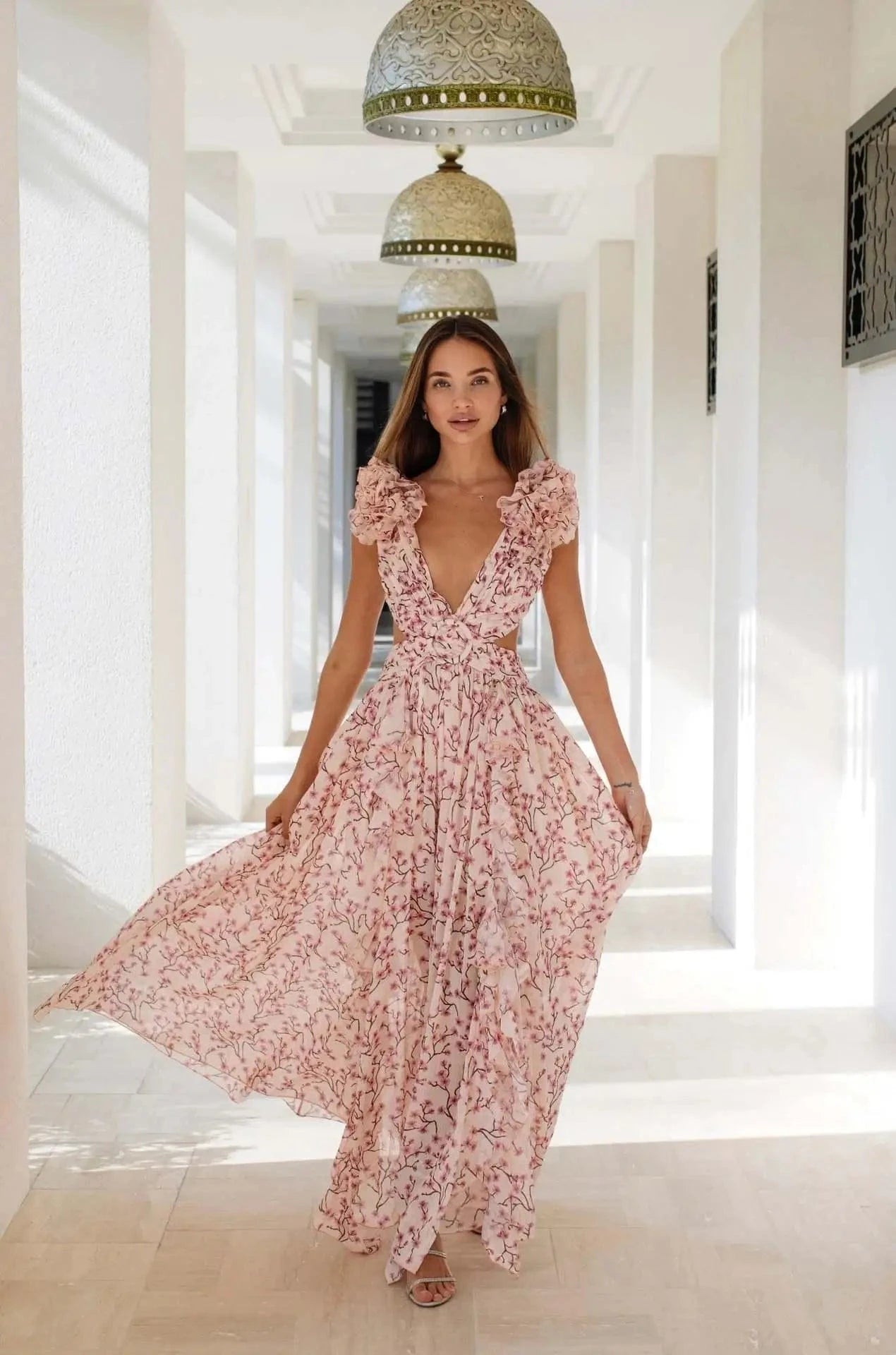 Summer Spring Women's Clothing Dress Hollow Out Slim Deep V Ruffle Edge Floral Backless Dress Loose Maxi