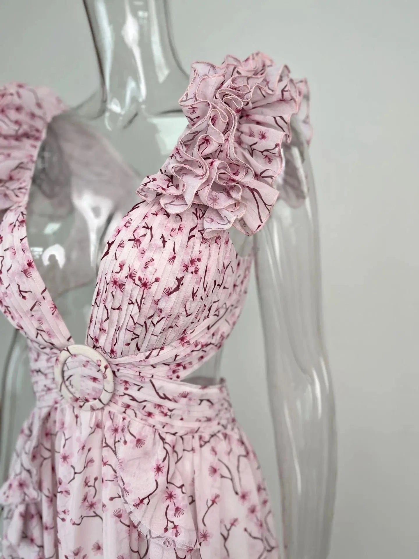 Summer Spring Women's Clothing Dress Hollow Out Slim Deep V Ruffle Edge Floral Backless Dress Loose Maxi