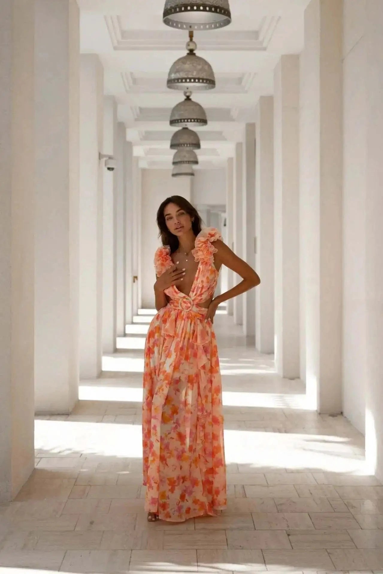 Summer Spring Women's Clothing Dress Hollow Out Slim Deep V Ruffle Edge Floral Backless Dress Loose Maxi