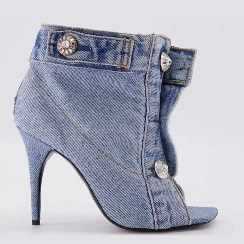 Summer Square Open Toe High-Heeled Short Boots Denim Ankle Booty Women Stiletto Sandals Front Buckles Jeans Shoes