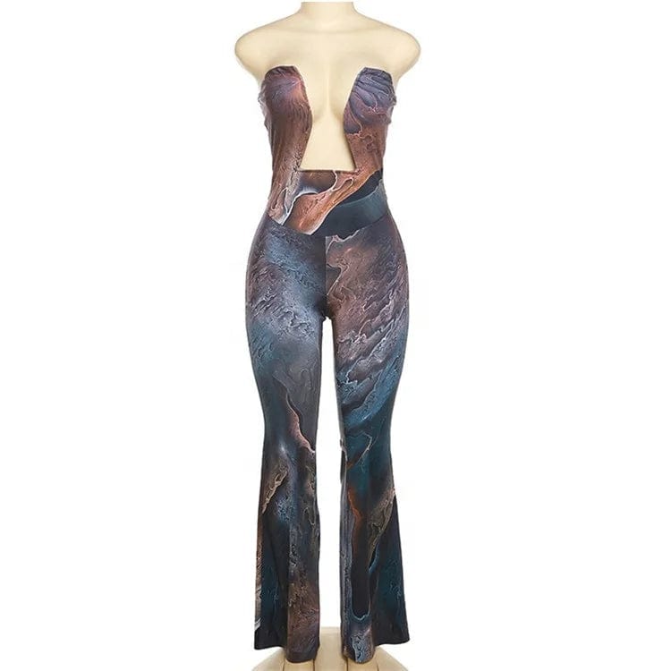 Summer Strapless Open Chest Hollow Out Jumpsuit Women Off the Shoulder Sexy Wide Leg Bodycon Rompers
