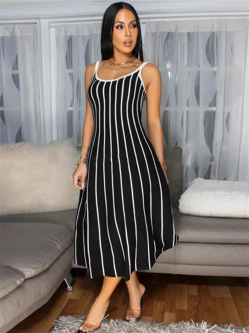 Summer Striped Printed A-line Maxi Dress for Woman Sleeveless Camisole V-neck Casual Club Party Long Dresses Sundress Vacation
